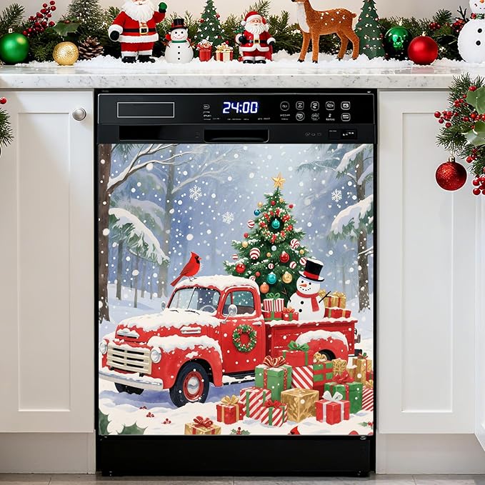 Christmas Truck Tree Dishwasher Magnet Cover, 23" W x 26" H Fridge Magnetic Stickers Reuseable Magnet Panel Decal Cover for Washing Machine Fridge Microwave Cabinet Kitchen Christmas Decoration