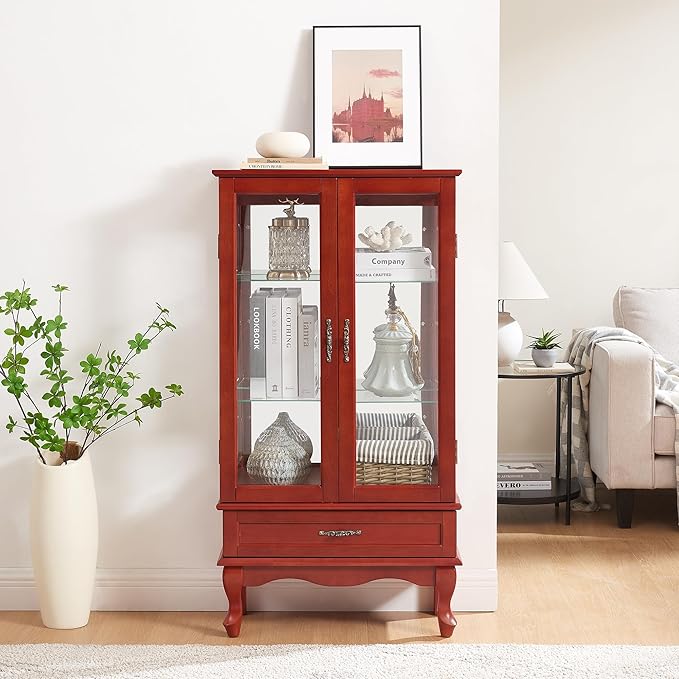 49" H Lighted Curio Cabinet Display Case, Glass Curio Cabinet with Adjustable Shelves,Tempered Glass Door and Drawer, Wooden Cabinets w/Mirrored Back Pane for Living Room (Cherry)