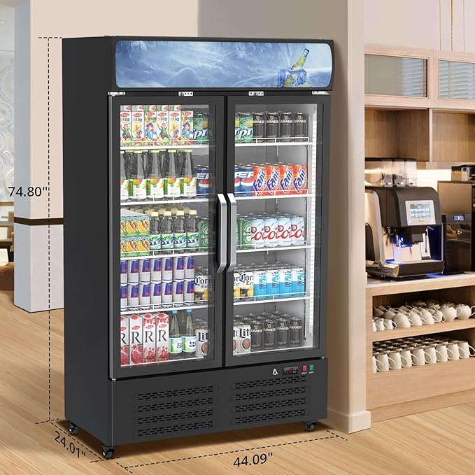 PeakPursuit Commercial Beverage Refrigerator 27.1 Cu.ft, Glass Door Display Fridge with LED Light, 10 Adjustable Shelves, Upright Merchandiser Refrigerator for Restaurant, Cafe, Store, Black
