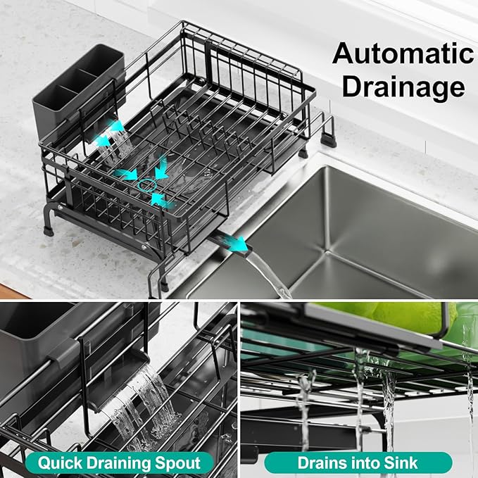 Swedecor Extendable Dish Drying Rack - Compact Dish Rack for Kitchen Counter, Over-The-Sink Dish Strainer with High Enclosed Fence, 360° Swivel Drain Spout, Rustproof, 10"–18.9" L × 15.6" W, Black