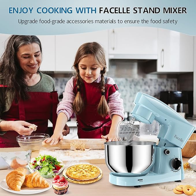 Facelle Stand Mixer, 10-Speed 6QT Kitchen Electric Mixer, Tilt-Head Food Mixer with Beater, Dough Hook, Wire Whip and Egg Separator, scraper for Most Home Cooks (Blue)