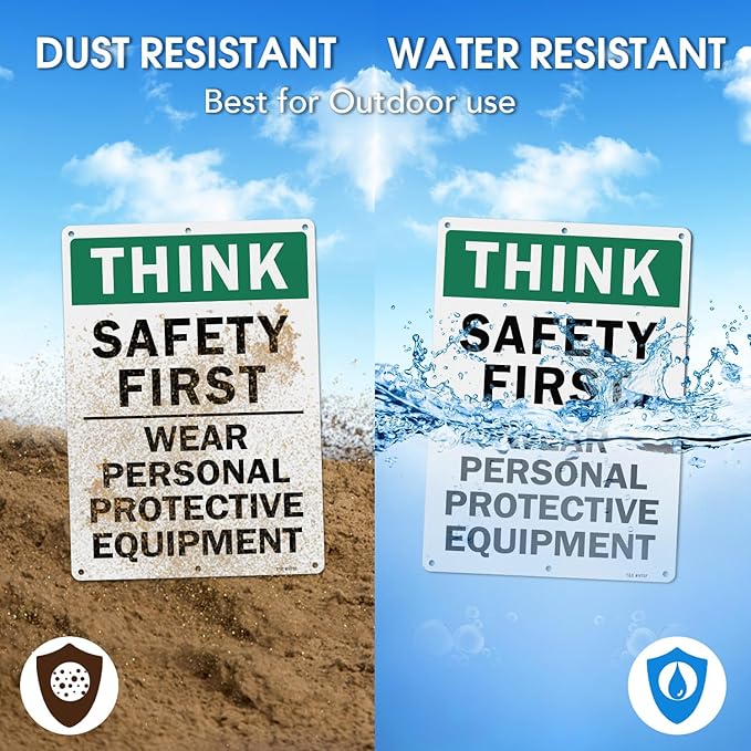 T&R Large Think Safety First Sign Wear Personal Protective Equipment - 2 Pack - 14 x 10 Inches Rust Free .040 Aluminum Reflective - UV Protected, Waterproof and Fade Resistant - 6 Pre-drilled Holes