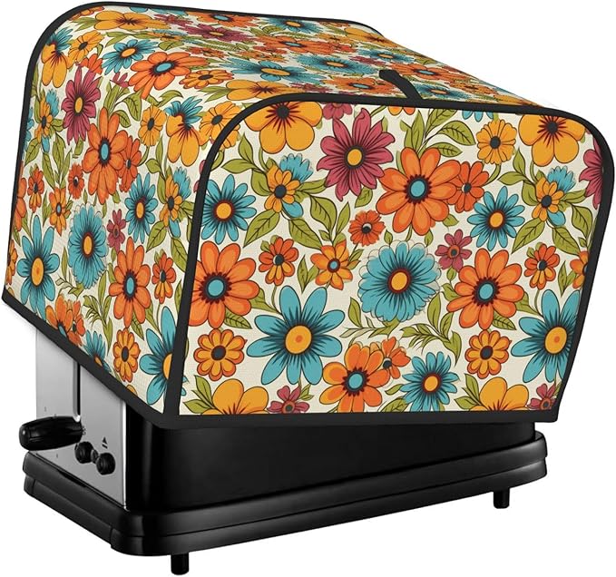 4 Slice Toaster Cover for Kitchen Hippie Flower Retro Waterproof and Dustproof Toaster Dust Cover with Side Pockets Decorative Universal Cover for Wide Slot Toasters and Small Appliances