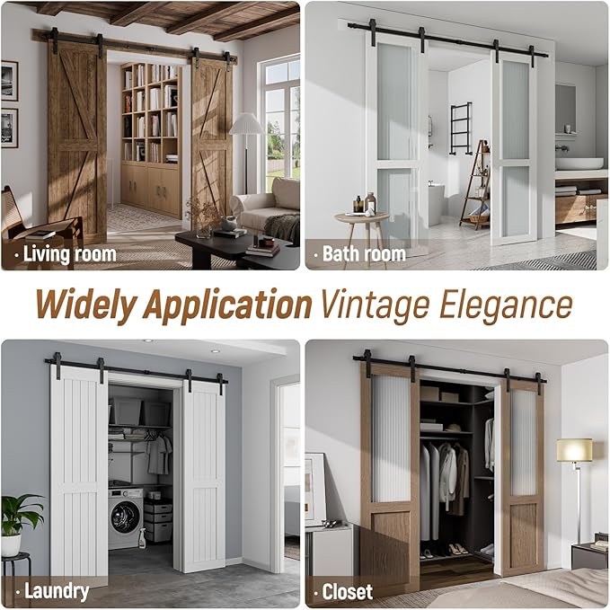 CCJH 5.5FT Sliding Barn Door Hardware Kit, Heavy Duty, Smoothly and Quietly, Easy to Install, Fit 16" Width Double Door Panel, Basic Style Hangers Black
