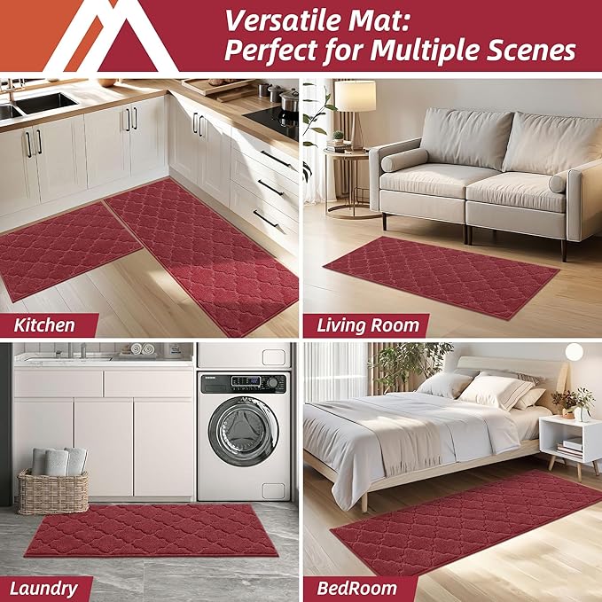 COSY HOMEER-Kitchen-Rugs-Non-Slip-Washable 24"x60" Absorbent Kitchen Runner Rug Polyester Kitchen Mats for Floor Soft Standing Floor Mats for Sink Mat,Hallway,Laundry,Red