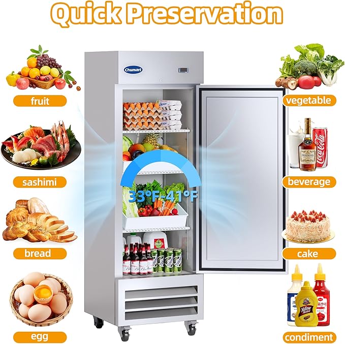 27" W Commercial Refrigerator Single Door 23 Cu.ft Commercial Fridge Fan cooling Stainless Steel Reach-in Refrigerator with Digital Thermostat for Restaurant, Bar, Commercial Use, etc