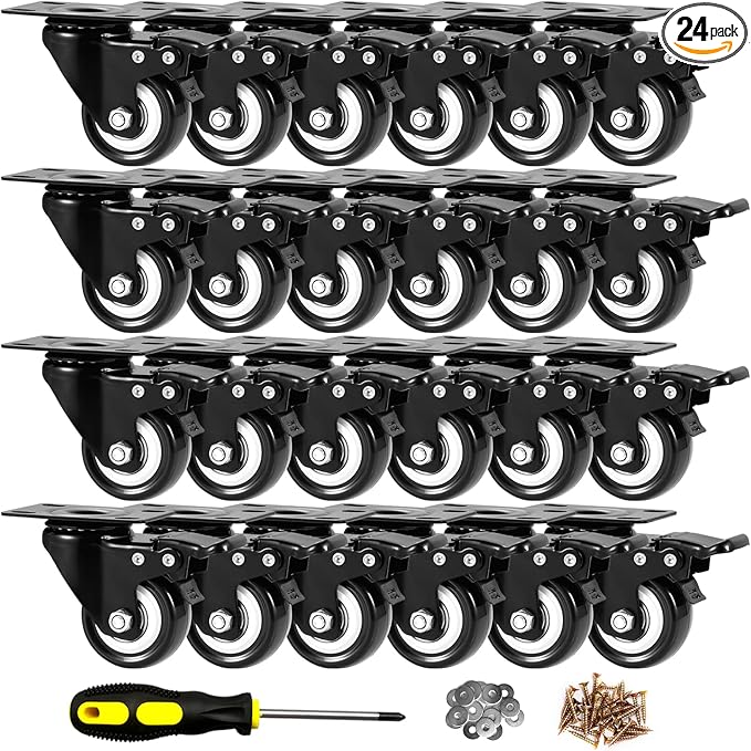 2 inch Casters Set of 24 Heavy Duty - CLOATFET Locking/Swivel Caster Wheels with Brake (Top Plate), Non Marking Black Castor Wheels for Cart Furniture Workbench