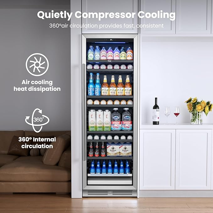 Yeego 24 Inch Large Capacity Beverage Refrigerator, 378 Cans Beverage Cooler with Glass Door & Lock, Built-In or Freestanding Drink Fridge for Soda, Beer & Wine, Office, Bar or Entertainment Area
