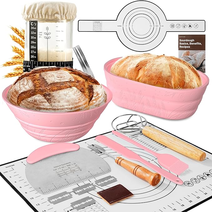Sourdough Starter Kit with Jar – Complete Sourdough Bread Baking Supplies for Beginners, Includes 2 Silicone Proofing Baskets Baking Mat Sour Dough Kit - Pink