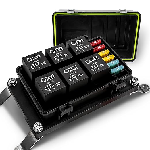 True Mods 12V DC Auto Waterproof Fuse 5-Pin Relay Box Block [6 ATC/ATO Fusible Holder] 6 Bosch Style Universal Relay Block Holder for Automotive Vehicles Cars Marine Boat Offroad Jeep Light Equipment