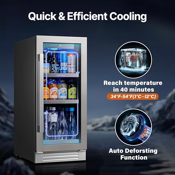 Ca'Lefort 15 Inch Beverage Refrigerator - 100 Can Small Beverage Fridge, Drink Fridge Glass Door 3 LED 34°F -54°F Beverage Cooler Built-in or Freestanding, Perfect for Home/Kitchen(3.0 cu.ft)