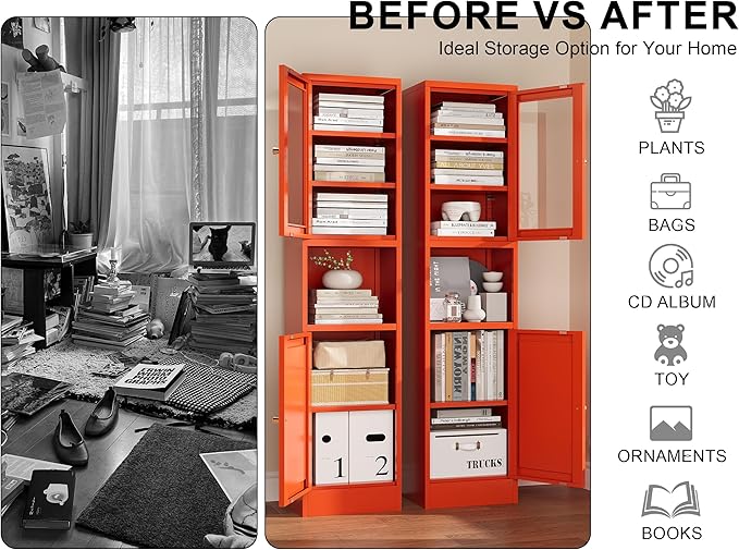 Metal Bathroom Storage Cabinet, Tall Narrow Cabinet with Glass Doors Ajustable Shelves Open Countertop, Slim Sideboard for Small Spaces, Living Room, Kicthen, Dining Room