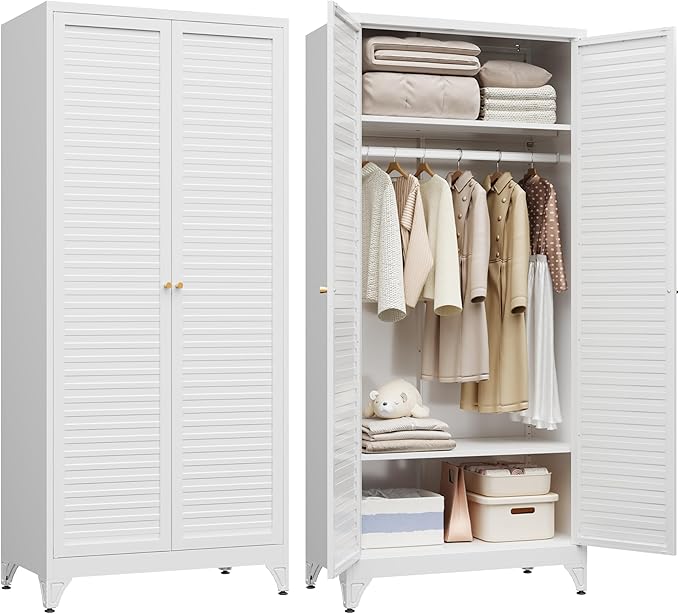 71" Metal Wardrobe Cabinet with Hanging Rod,Armoire Wardrobe Closet with Doors and Adjustable Shelves, Whiet Clothing Storage Cabinets for Bedroom,Office,School,Hospital