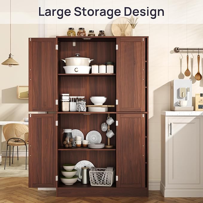 63" Tall Brown Kitchen Pantry, Freestanding Storage Cabinet with 4 Doors, Adjustable Shelves for Dining Room, Laundry Room