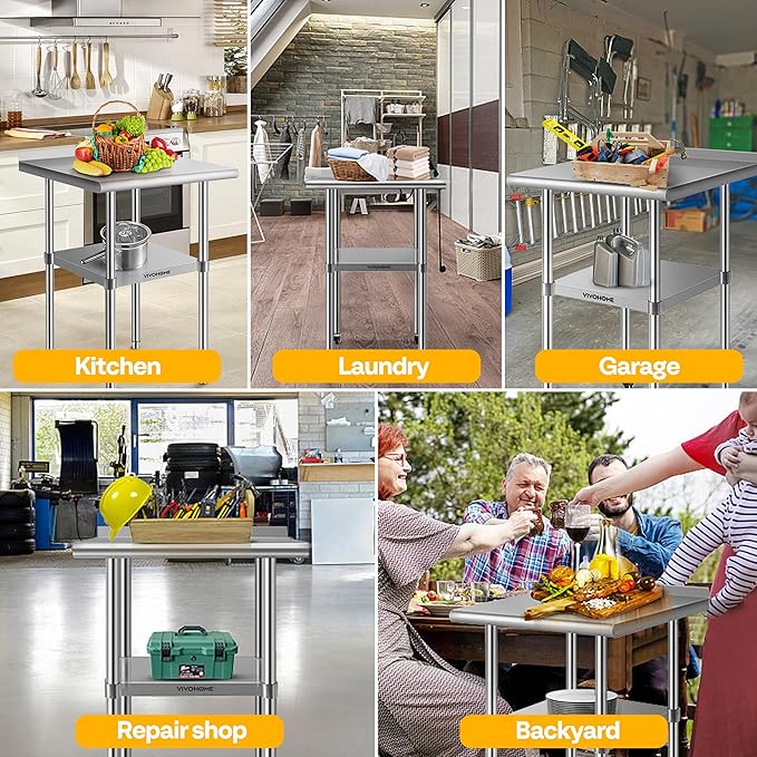 VIVOHOME 24 x 24 Inch Stainless Steel Work Table with Backsplash, Prep Commercial Table with Wheels for Restaurant, Hotel, Home and Warehouse