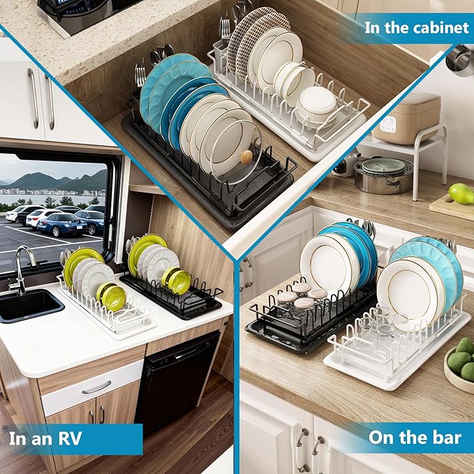 Sink Dish Drying Rack - Expandable Over Sink (15"-20" Fit), Diatomaceous Earth Tray for No-Drain Drying! Compact Dish Drainer for Small Kitchens, Apartments & RVs (White)