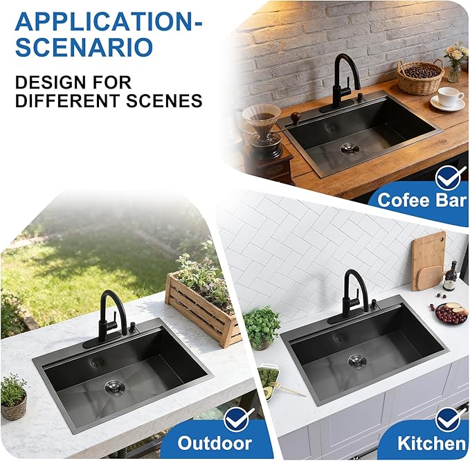 Scamall 33x22x10 Drop In Kitchen Sink Workstation, Nano Black 304 Stainless Steel Deep Single Bowl with Quick Drainage & Tarnish-Free Surface for Bar, Laundry, RV, Includes Accessories