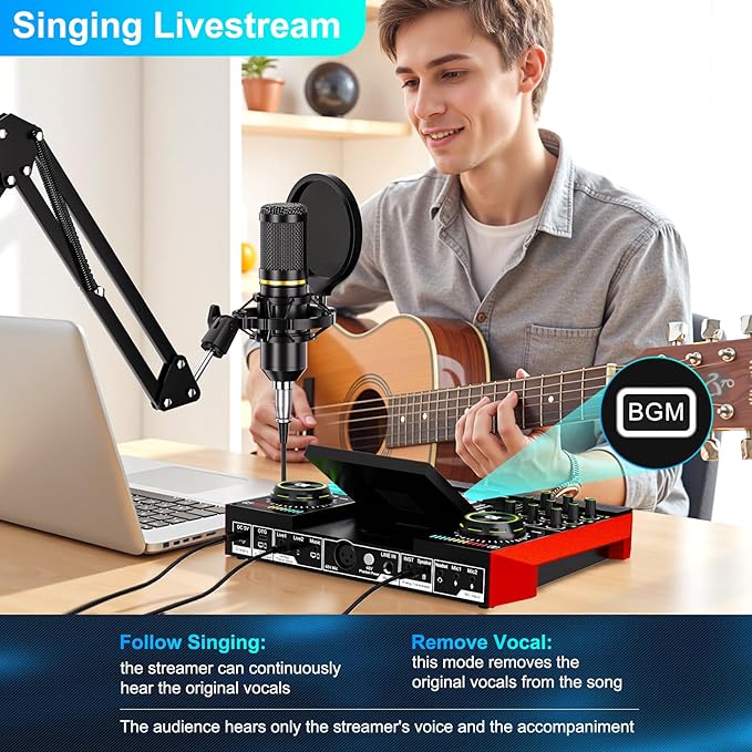 tenlamp Podcast Microphone Bundle with Live Sound Card Audio Mixer, Podcast Equipment Bundle with 3.5mm Boom Mic for Pc/Phone Live Streaming Singing Gaming, Sound Board with Voice Changer, Denoise