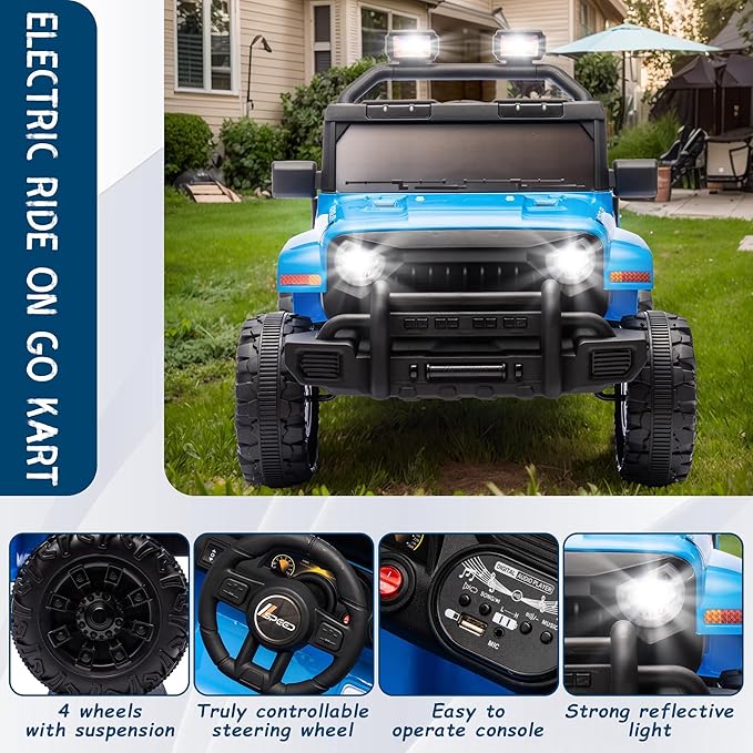 Kid's Ride on Truck Car, 12V Electric Car W/Parents Control, Ride on Toys for Toddlers with Music, Bluetooth, Four-Wheels Suspension, USB, Headlights, Blue