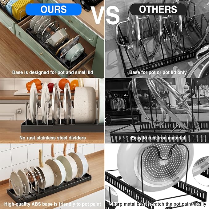 2 Pack Pots and Pans Organizer Under Cabinet, 22" Expandable Food Storage Container Lid Organizers with 9 Adjustable Dividers Pot and Pan Lid Holders Rack Inside Cabinet/Countertop(Black)