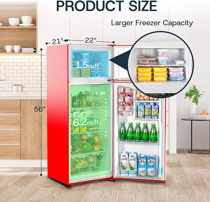 Upstreman 7.7 Cu Ft Refrigerator with Freezer, Double Door Fridge with Adjustable Thermostat Reversible Door, Large Capacity Refrigerator for Apartment, Dorm, Office, Kitchen, Red (BD-75)