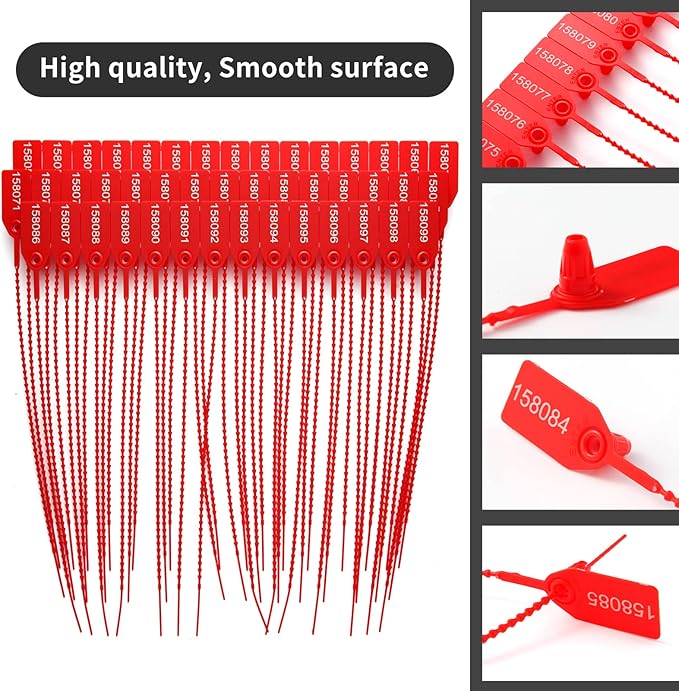 100 Plastic Tamper Seals Fire Extinguisher Tags Numbered Zip Ties Pull Tite Security Tags Disposable Self-Locking Safety Ties (Red)