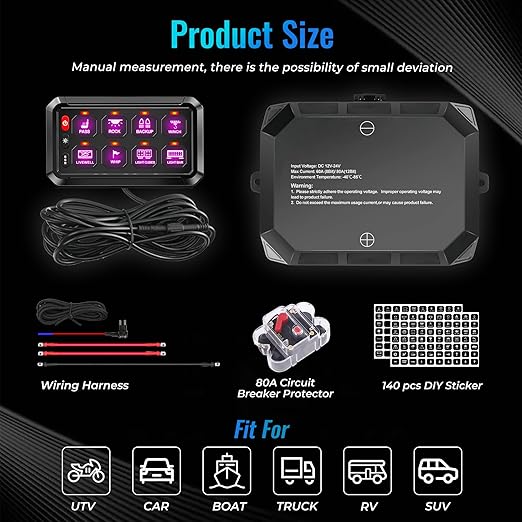 RGB 8 Gang Switch Panel,12-24V Bluetooth APP 230FT 433MHZ Long Range, Auxiliary Backlit Off Toggle Flash Multifunction Toggle Switch Momentary Circuit Control Relay System Box Universal for Car