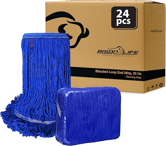 KLEEN HANDLER Blended Loop End Heavy Duty Mop Head Replacement, Wet Mop Refills for Industrial and Commercial Use, Dark Blue, 32 Oz (24-Pack)