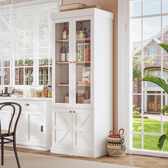Vyre 71" Tall Farmhouse Kitchen Pantry, Large Storage Cabinets with Glass Doors, Adjustable Shelves, Wood Versatile Hutch Cabinet for Dining Room, Set of 2, White