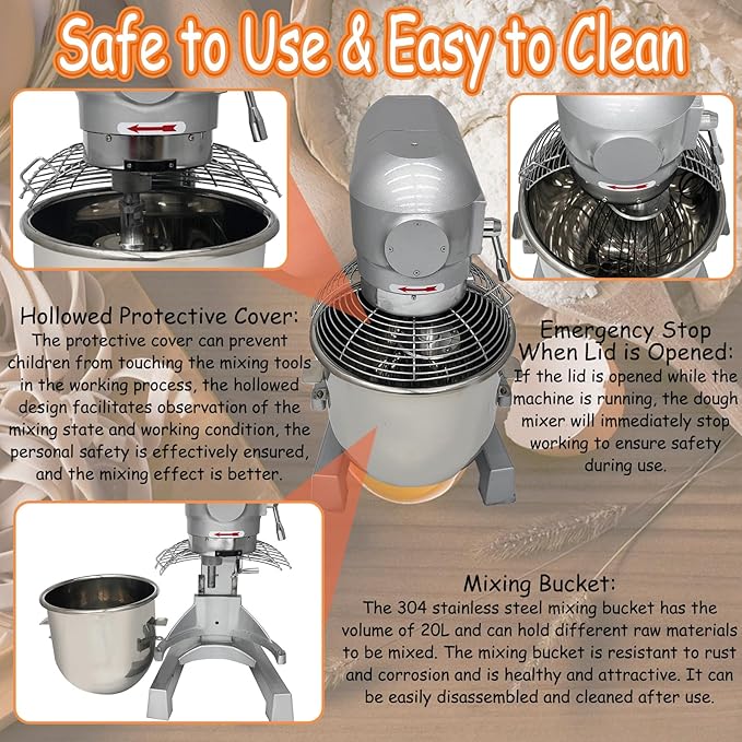 30QT Commercial Dough Kneading Mixer 3-Speed Adjustable Heavy Duty Stand Mixer 110V 1.25KW Electric Dough Kneading Machine with 3 Types of Mixing Tools and Stop-on-Open Lid