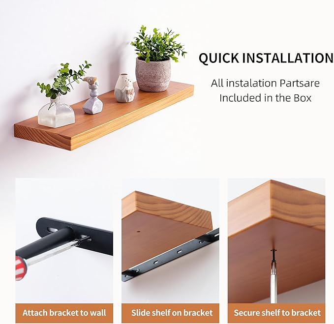 Floating Shelves for Wall 16 Inch Solid Real Wood Shelves Set of 2 Rustic Farmhouse Wall Mounted Wood Shelf for Bedroom Living Room Bathroom Kitchen Home Decor Office