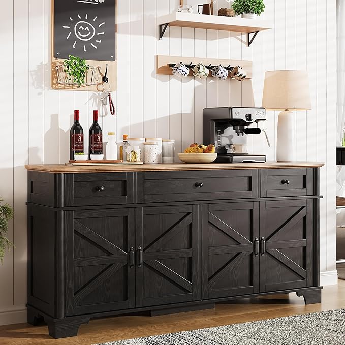 65 Inch Farmhouse Buffet Cabinet with Storage, Black Sideboard Buffet Cabinet with Adjustable Shelves & 3 Drawers, Buffet Table Coffee Bar Wine Bar Storage for Kitchen & Living Room