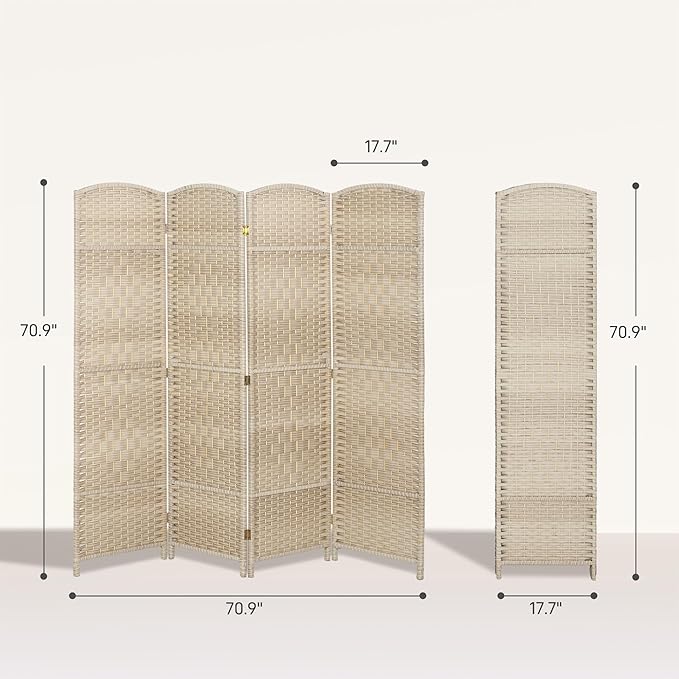 HOMCOM 4 Panel Room Divider, 6' Tall Folding Privacy Screen, Woven Freestanding Wall Partition for Home Office, Bedroom, Washed Oak