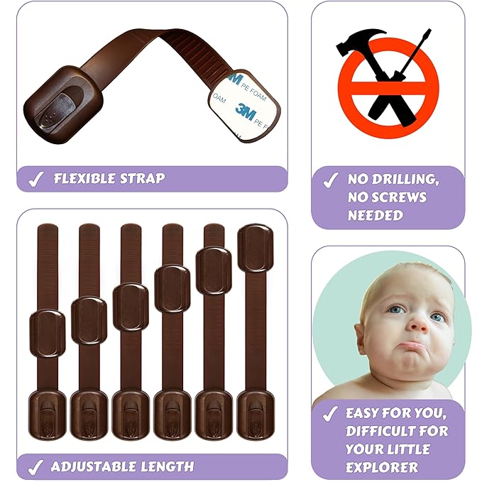 Baby Proofing Safety Cabinet Locks - Child Proof Latches for Drawer Cupboard Dresser Doors Closet Oven Refrigerator - Adjustable Childproof Straps by Oxlay - Brown - 6 Pack