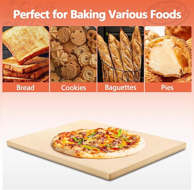 15x12 Inch Rectangle Pizza Stone for Oven and Grill, 0.6" Thick Heavy Duty Cordierite Bread Baking Stone for Crisp Pizza Cookies (With Scraper and Parchment Papers)