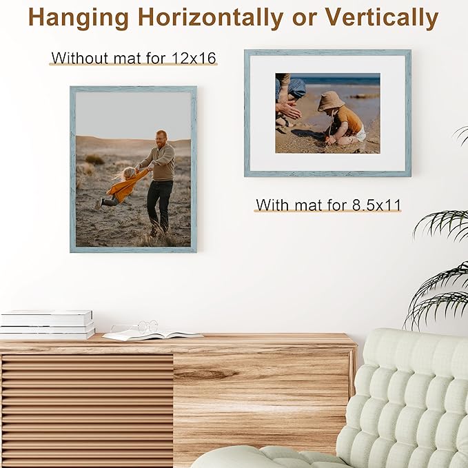 Vittanly 12x16 Picture Frame, Solid Wood Frame with Plexiglass, Includes 8.5x11 Mat, Wall Hanging for Photos, Home Decor, Rustic Blue, 1 Pack