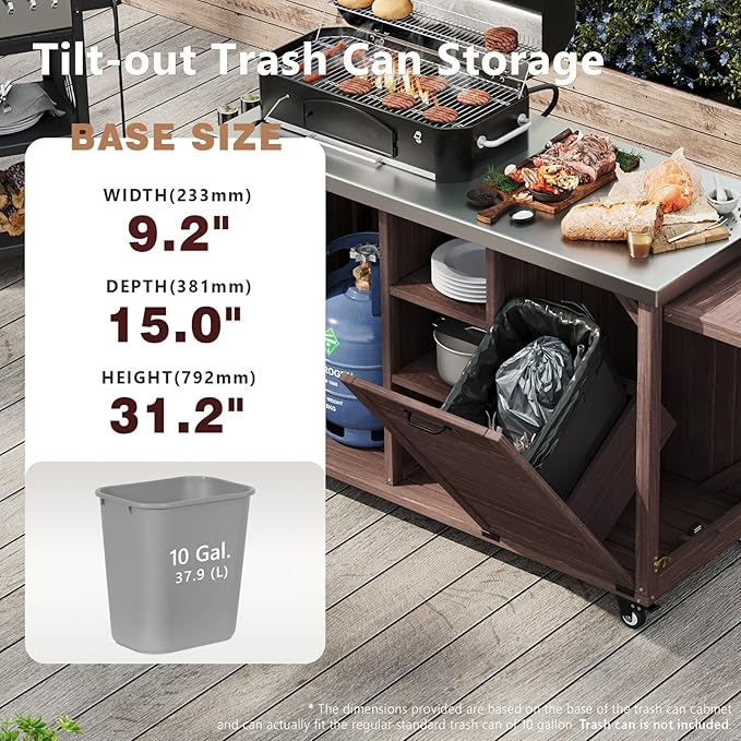 78.3" Outdoor Kitchen Island with Foldable Grill Table - Wooden Grill Cart with Stainless Steel Top, Trash Can Storage and Adjustable Shelves