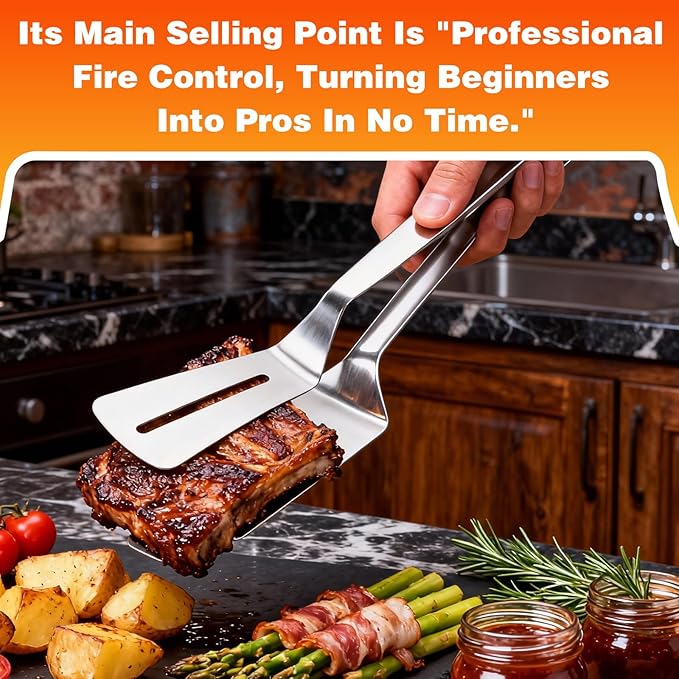 2Pcs Double-Sided Stainless Steel Grill Clamp Spatula, All-Purpose Shovel Clip, Upgrades Anti-Scald Extended Handle Spatula Tongs, for Grilling Meat, Fish and Pancakes with Non-Slip Grip