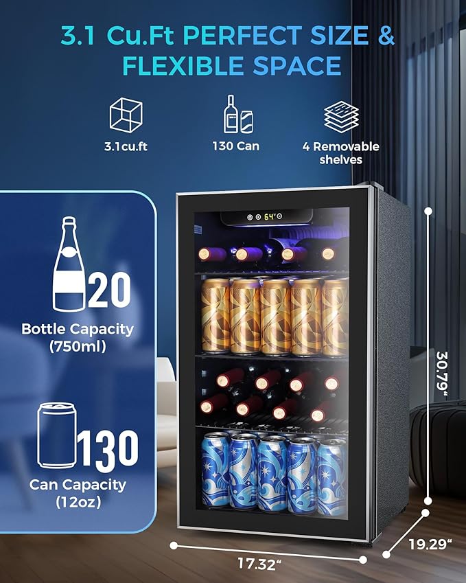 Mini Fridge 130 Can Beverage Refrigerator Cooler, 3.1 Cu.Ft Drink Fridge for Soda Wine Beer, Adjustable Temperature Control for Home Office, Black
