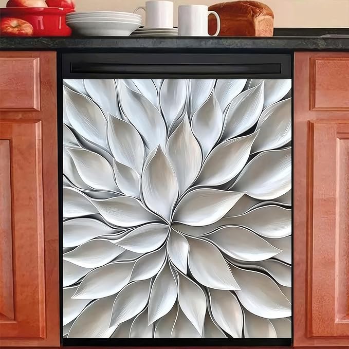 Flowers Dishwasher Magnet Cover 23x26 Inch Silver Petal Texture Magnetic Dishwasher Cover Washers Fridge Panel Decal Cover Washing Machine Cabinet Reusable Dishwasher Door Covers Decorative