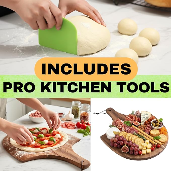 Pizza Stones for Oven and Grill - Pizza Stone with Handles, Wooden Peel and Dough Tool - 15 inch x 12 inch Rectangular Pizza Grill Stone - Baking Stone for Bread - Pizza Making Set