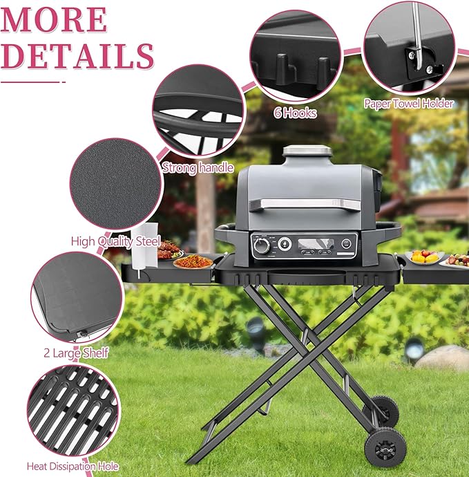 Portable Grill Cart for Ninja Woodfire OG700 OG800 OG900, Blackstone Griddle, for Weber Q100 Q200 Q300, Pizza Oven, Collapsible Grill Stand for Most Portable Grills, Large Surface Grill Trolley