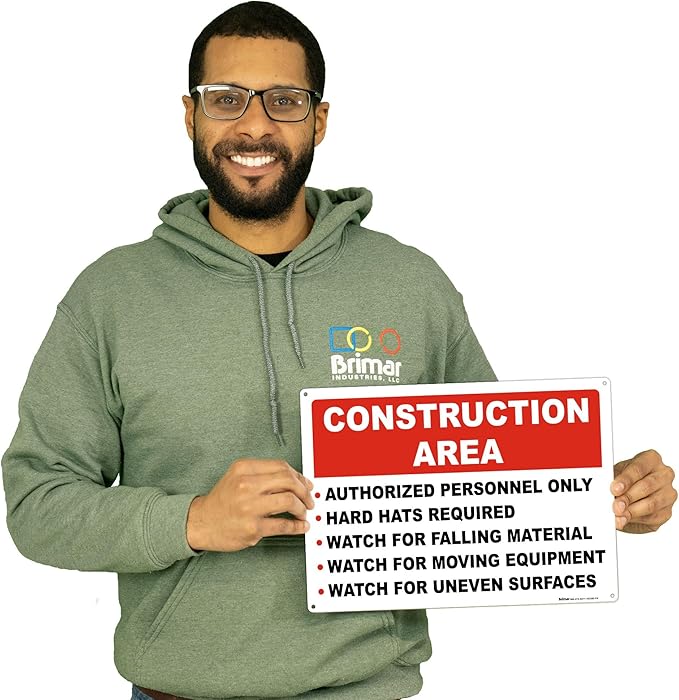 Brimar 14"x10" Construction Area Rules Sign - Aluminum, Weatherproof, Clear Rules and Guidelines, Essential Safety Signage for Construction Sites.