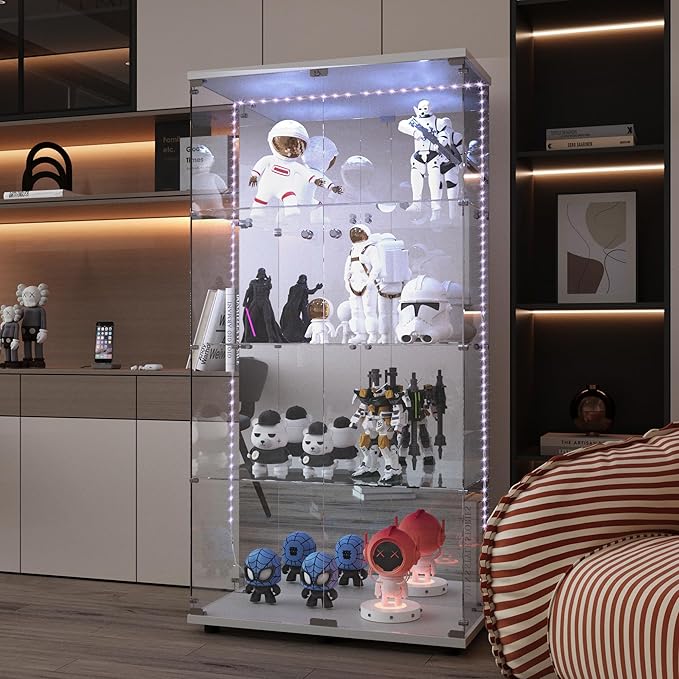 Yoluckea 4 Tiers Glass Display Cabinet with Bluetooth LED Light Strip, 2 Doors Floor Standing Curio Cabinet with Adjustable Feet and Mirror Back Panel, White Glass Bookshelf for Collections, Wood Top