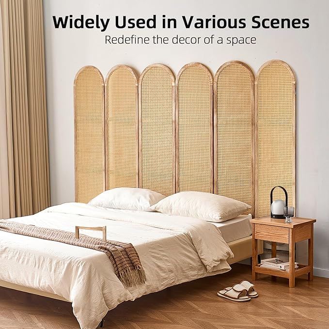 6 Panel Room Divider, 5.6 Ft Foldable Wood Room Divider Screen, Hand-Woven Rattan Folding Privacy Screens with Double Hinges, Wall Divider for Room Separation Bedroom Home Office - Natural