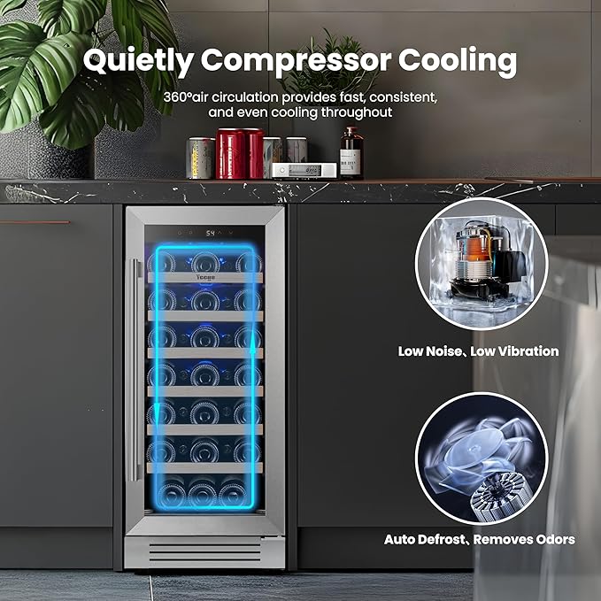 Yeego Wine Fridge – 15 Inch 33 Bottle Wine Cooler Refrigerator with Glass Door, 40-65℉ Built-In or Freestanding, Adjustable Shelves Wine Fridge Ideal for Home Bar & Kitchen