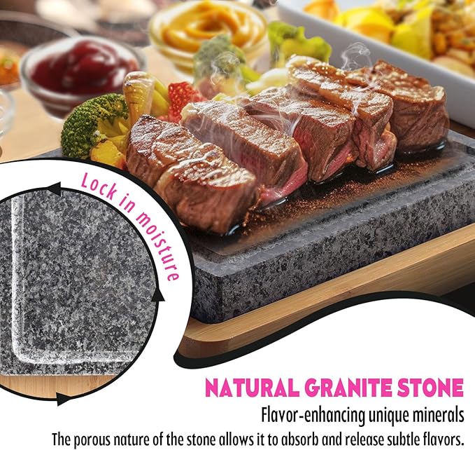 Artestia Hot Stone Steak Cooking Set – 2 Natural Granite Grill Stones + 1 Bamboo Tray +1 Salad Plate & 3 Sauce Bowls – Indoor/Outdoor BBQ Sizzling Steak & Seafood Grilling Gift