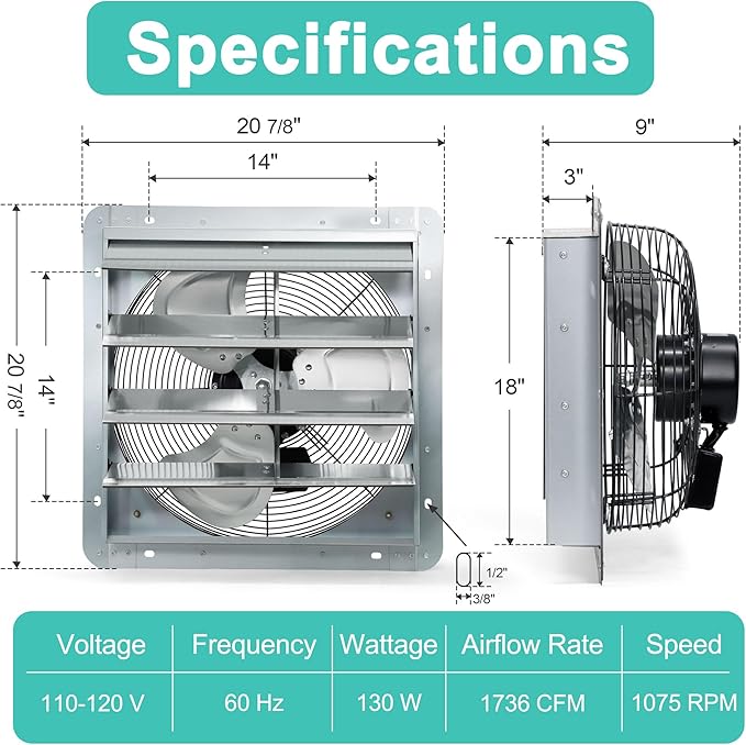 18 Inch Shutter Exhaust Fan with Thermostat and Speed Controller, 1736 CFM Powerful Wall Mounted Vent Fan for Attic, Greenhouse, Shed, Garage, Chicken Coop Ventilation, 2600 SQF Coverage Area