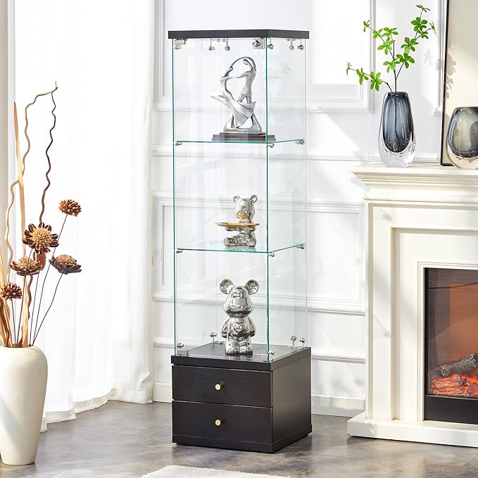Yoluckea 3 Shelves Glass Display Cabinet with 2 Soft-Close Storage Drawers, Curio Collection Glass Display Case with Door & Lock, Floor Standing Bookshelf Corner Cabinet for Book Toys Glory (Black)