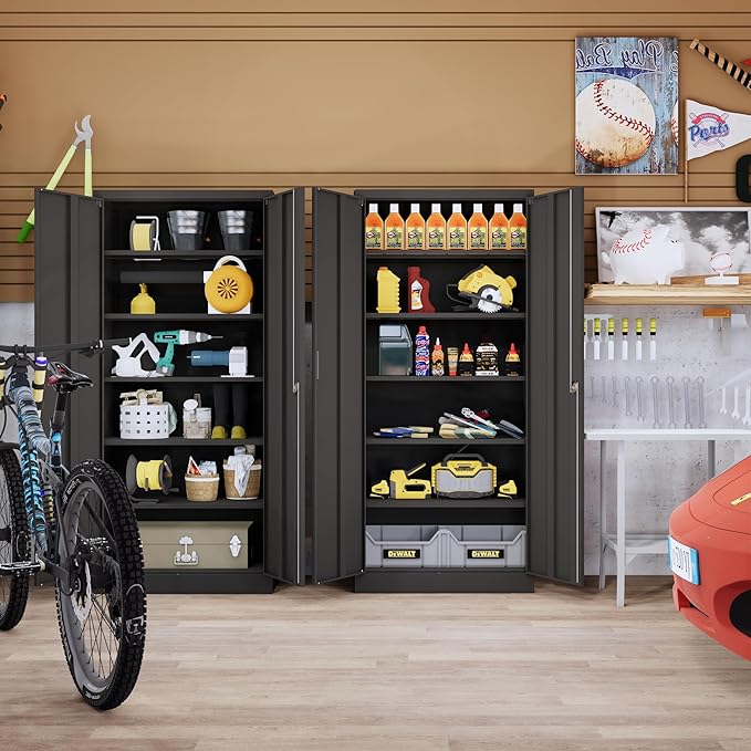 CJF Metal Storage Cabinet, 71" H Locking Cabinet with 5 Adjustable Shelves for Garage, Classroom, School, Home, Office, Pantry-Black
